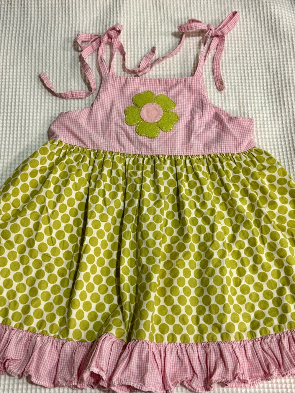 Girls Pink Bodice Green Polka Dot Floral Sundress